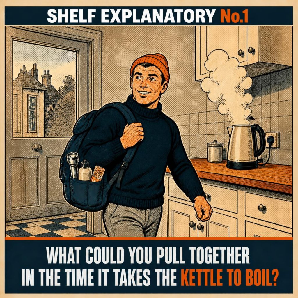 Shelf Explanatory No. 1. Illustration of a man carrying a backpack with a torch, water bottle and cereal bar beside a boiling kettle. What could you pull together in the time it takes the kettle to boil?